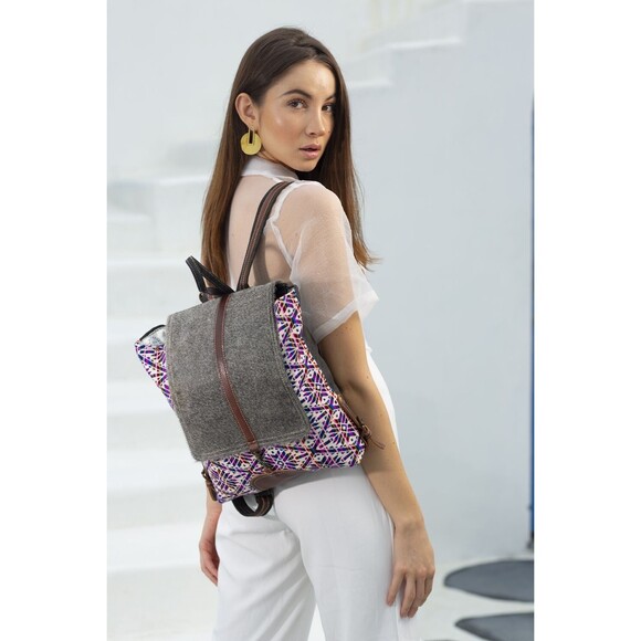 Myra Bag Handmade Vibrant Backpack Upcycled Canvas & Cowhide Leather - Picture 8 of 8